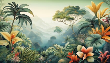 Vibrant Tropical Forest Landscape Mural Wallpaper Design Immersive 3D Illustration Showcasing Lush Greenery, Exotic Wildlife, and Breathtaking Sunset Over a Stunning Tropical Paradise