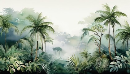 Vibrant Tropical Rainforest Scene Lush Greenery, Majestic Waterfall, and Exotic Wildlife in a Captivating Watercolor Painting Perfect for Wall Art and Design Inspiration