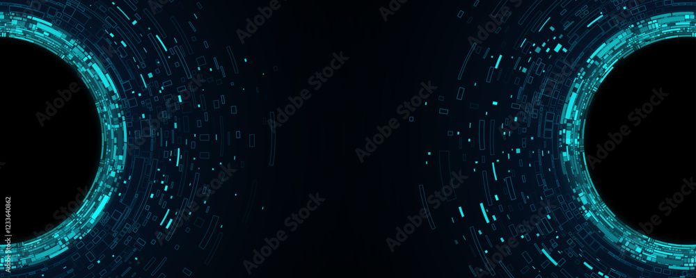 Poster big data visualization with swirling digital circles of blue web fragments. futuristic background. i