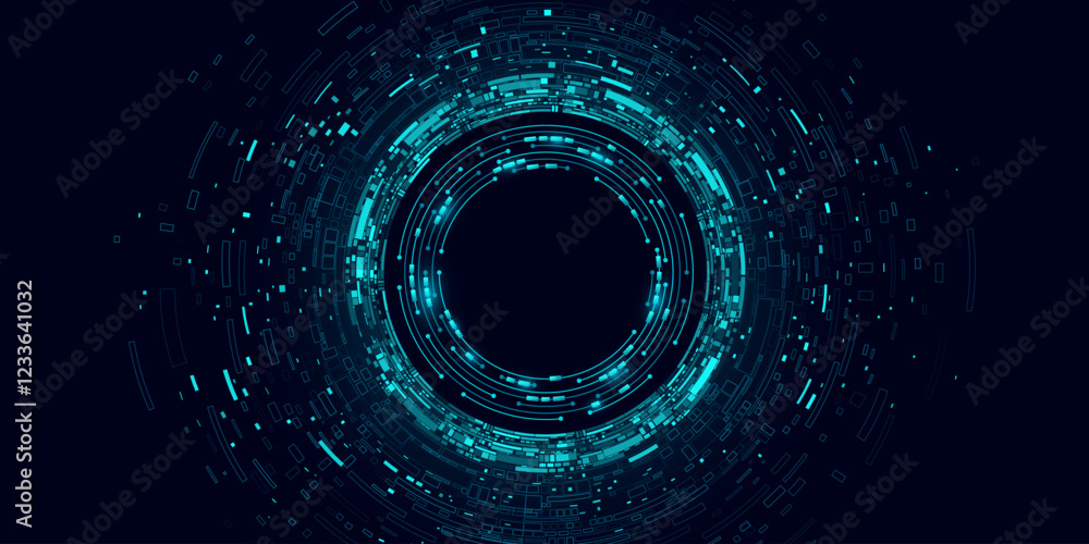 Poster big data visualization. swirling digital circles with web fragments and circuit board frame. futuris