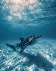 Fototapeta premium Fantastic and dreamy landscape pictures in high quality. Underwater. A gradation of pale blue and white. In the distance, a whale shark swims gracefully with a calm expression on its face.