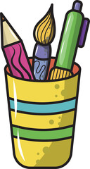 Colorful Art Supplies in Yellow Holder