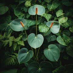 Lush Green Tropical Plants  Anthurium Flowers  Botanical Background  Nature Wall