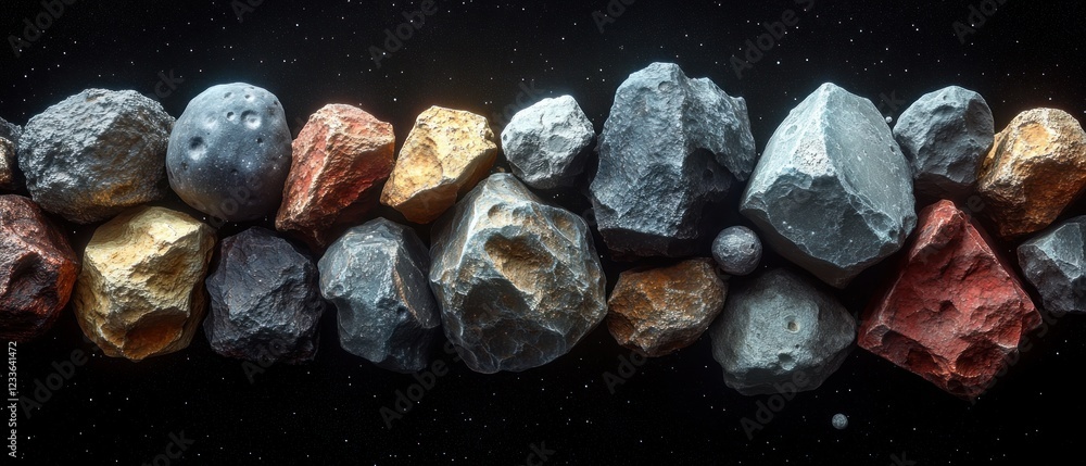 Poster colorful asteroids floating in space with stars background