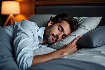 Fototapeta premium A Peaceful Night: A Young Man with Medium-length Hair Relaxing Comfortably in Bed, Emphasizing Wellness, Rest, and the Importance of Sleep