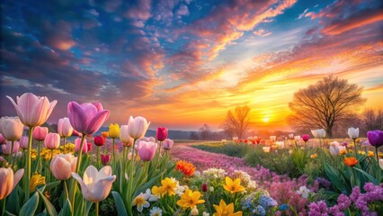 Soft pastel hues of dawn sky gently blend with vibrant colors of spring flowers in full bloom,...