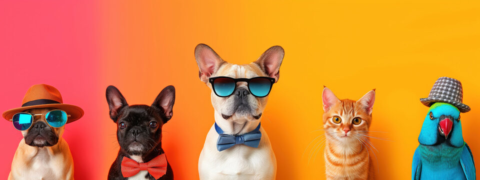 Fashionable pets showcase their stylish looks with accessories against a bright gradient backdrop