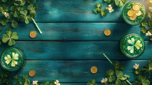 St. Patrick's Day drinks, wood, clover, gold