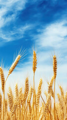 Fototapeta premium Golden wheat fields sway gently under deep blue sky, creating serene and picturesque landscape. vibrant colors evoke sense of tranquility and connection to nature