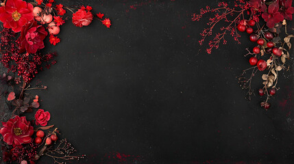 Red floral frame on dark background, design element
