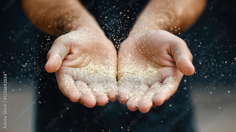 Poster shimmering gold dust sparkles in open hands, creating magical effect