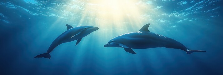 Fototapeta premium Oceanic Serenity: Two Dolphins Gracefully Swimming in Sunlit Waters