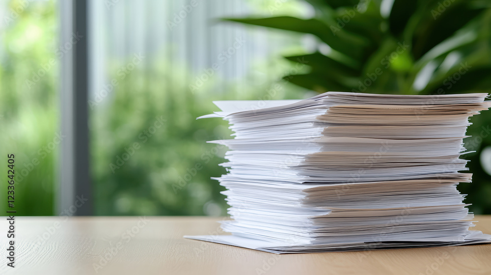Poster stack of paperwork on desk with greenery in background
