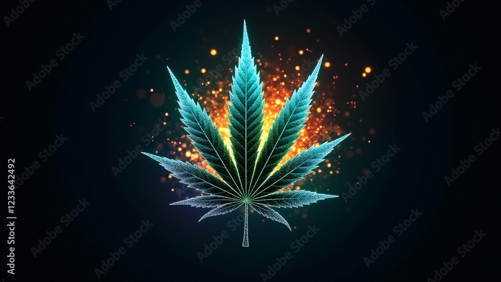 Poster a marijuana leaf surrounded by pixelated particles like a video game power-up. the particles glow in