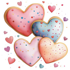 Hand-painted watercolor heart-shaped cookies with icing and sprinkles