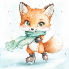 Cute red fox ice skate cartoon style