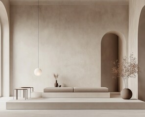 Minimalist beige room interior with arched windows, platform seating, and plants.