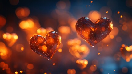 Two Glass Hearts Glow Brightly Against A Blurred Background