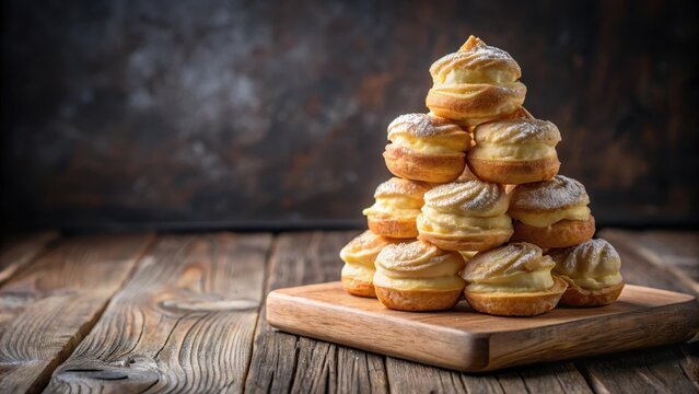 Flaky Pastry Cream Puff Tower on Wooden Board, dessert tower, sweet treat,  dessert tower