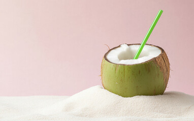 Freshly cut coconut with straw on soft sand, evoking tropical vibe. Perfect for summer refreshment and relaxation