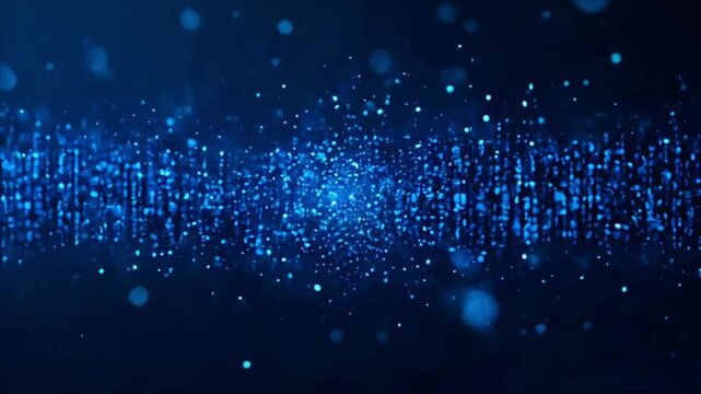 Futuristic video animation of floating blue binary code data particles creating digital wave effect