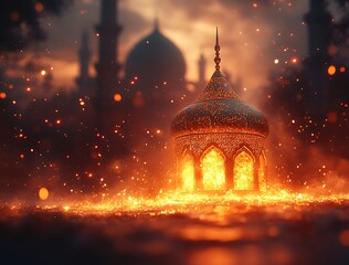 Illuminated ornate lantern with glowing lights and mosque silhouettes on bokeh background

