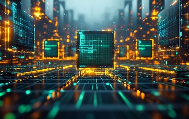 Fototapeta premium Digital Cityscape: Neon Cubes and Glowing Grids