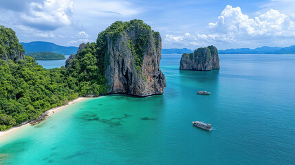 Obraz premium Aerial view of tropical beach with clear turquoise water and rocky islands