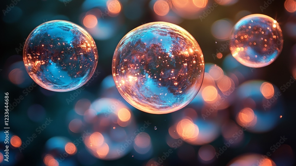 Poster sparkling orbs float; night bokeh background; abstract art; ideal for website banners