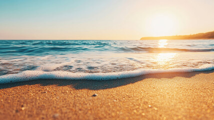Obraz premium serene beach scene with gentle waves lapping at shore under bright summer sun, creating peaceful atmosphere