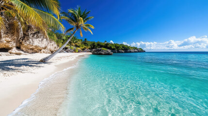Fototapeta premium scenic beach with palm trees swaying under clear blue sky