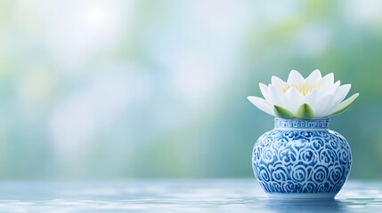 Water Festival: A serene scene of a traditional water jar used in the celebration, surrounded by vibrant flowers and water droplets, capturing the essence of cultural heritage and seasonal festivities