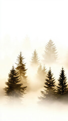 Obraz premium Golden sunrise over misty pine forest creates serene atmosphere, with soft warm light illuminating trees. tranquil scene evokes sense of peace and calm