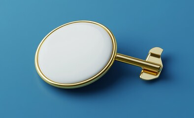 White circular sign with gold frame and key-like handle on blue background.