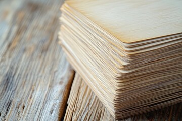 Stack of light brown wooden rectangles on rustic wooden surface.