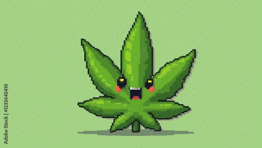 Poster a marijuana leaf transformed into a pixelated character with eyes and a mouth. the playful character