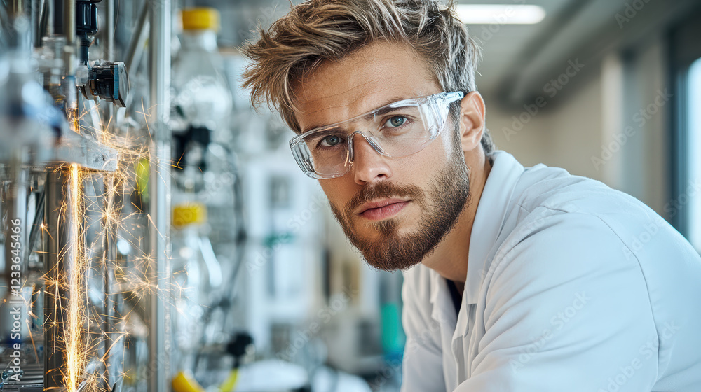 Poster scientist conducting electrical experiment with sparks in lab
