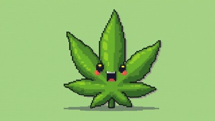 A marijuana leaf transformed into a pixelated character with eyes and a mouth. The playful character has a cartoonish look with simple animations like blinking, maintaining natural colors.