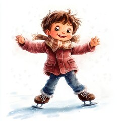 Cartoon style happy child doing ice skating.