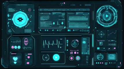 Fototapeta premium Futuristic Digital Interface Featuring Data Visualization and Control Panels in High-Tech Design