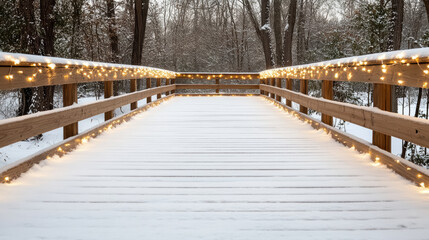 Obraz premium snow covered bridge adorned with twinkling lights creates magical winter scene