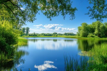Calm lake, summer trees, blue sky, clouds, tranquil nature scene
