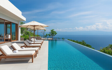 Fototapeta premium Luxurious infinity pool overlooking tropical coastline with sun loungers and umbrellas, perfect for relaxation and enjoying stunning views