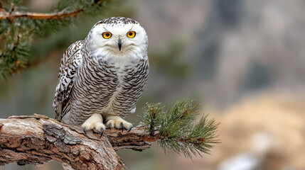 Fototapeta premium Majestic snowy owl perched on pine tree in winter landscape