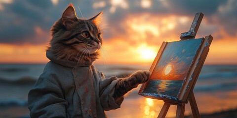 Sunset Masterpiece: A Feline Artist at Work