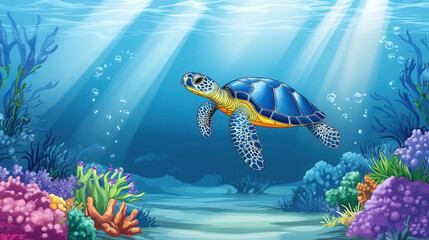 Sea Turtle in Coral Reef: A vibrant sea turtle gracefully glides through a vibrant coral reef, sunlight streaming from above, creating a serene underwater scene. 