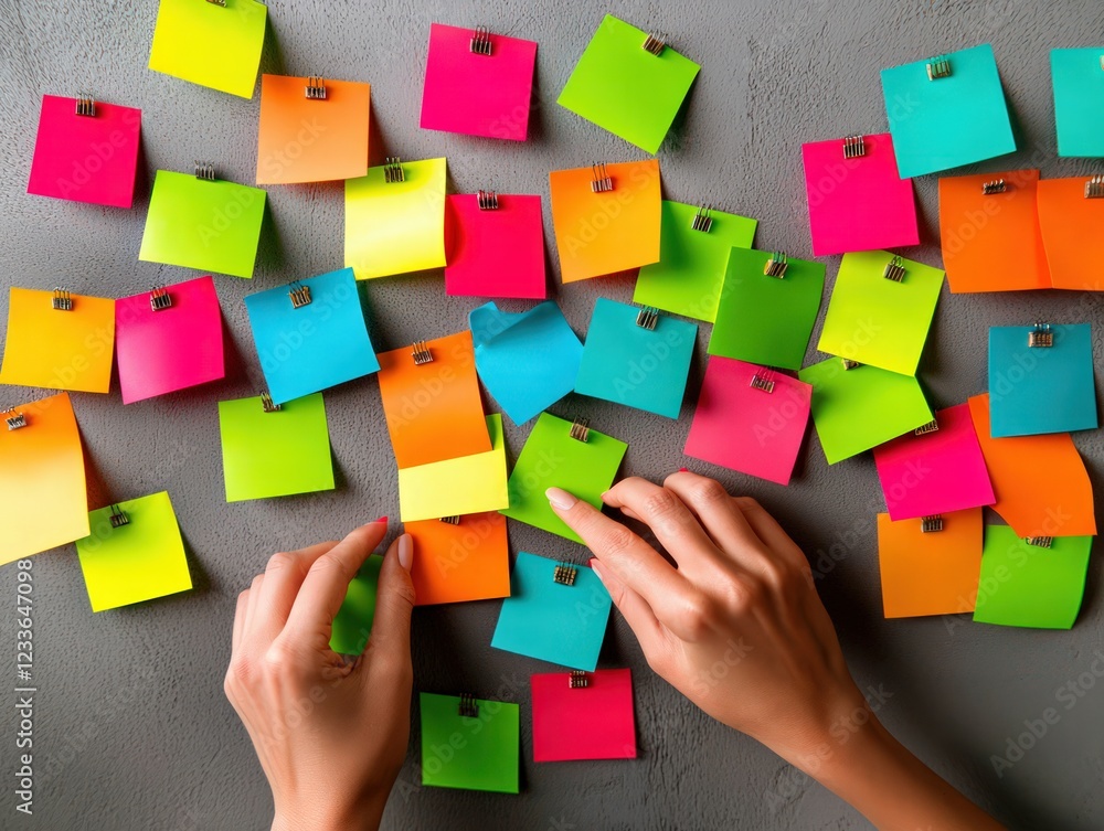 Poster hands organizing colorful sticky notes on a gray surface in an office workspace