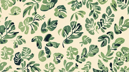 Seamless tropical leaf pattern on a light background, featuring a collection of green botanical elements, perfect for nature-inspired designs, wallpapers, textiles, and eco-friendly branding.