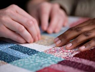 Hands of Diverse Individuals Engaged in Collaborative Textile Crafting on Colorful Patchwork Quilt