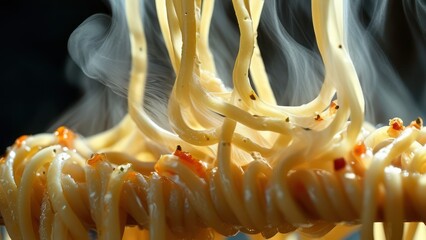 Steam rises from freshly cooked pasta, highlighting textures and quality, perfect for culinary uses and food related events